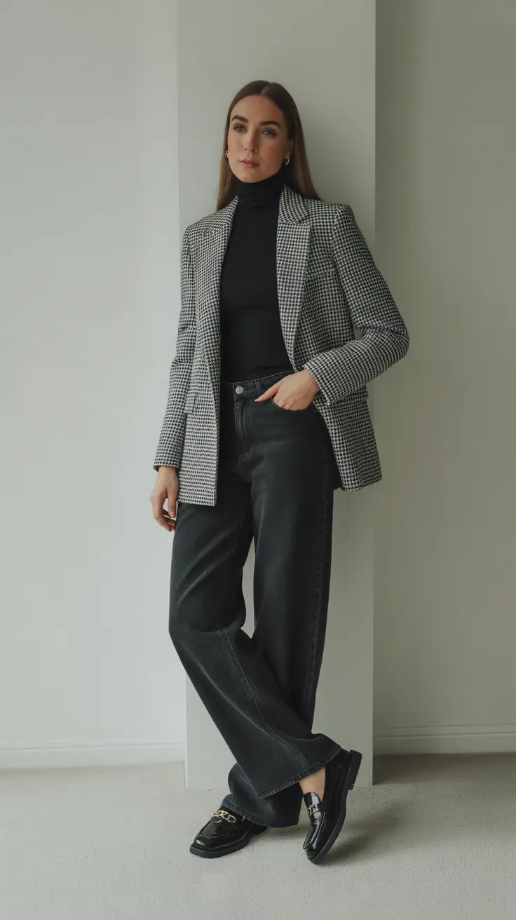 Modern business casual outfits for women 2026 - Houndstooth Blazer And Dark Denim