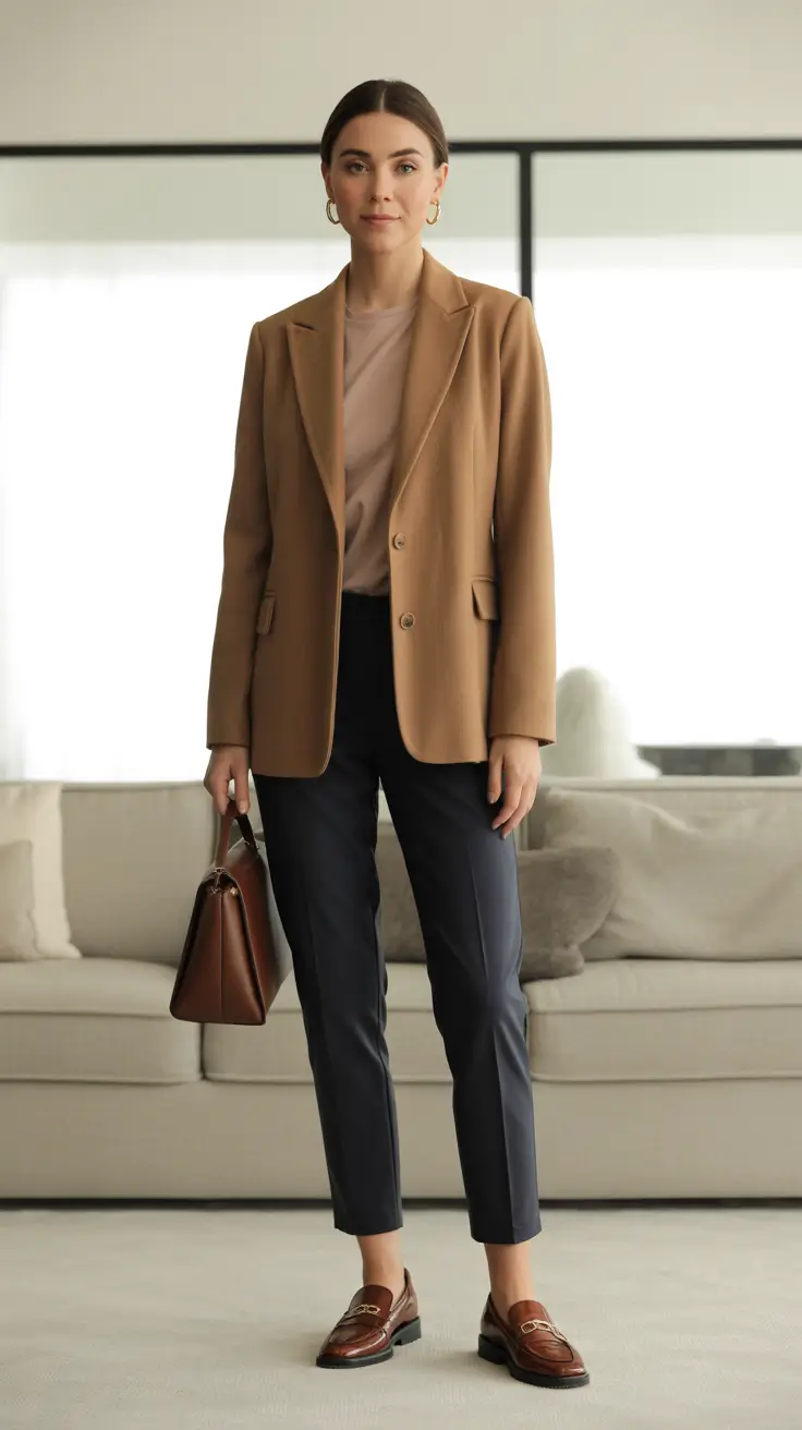 Modern business casual outfits for women 2026 - Camel Blazer And Polished Navy Pants
