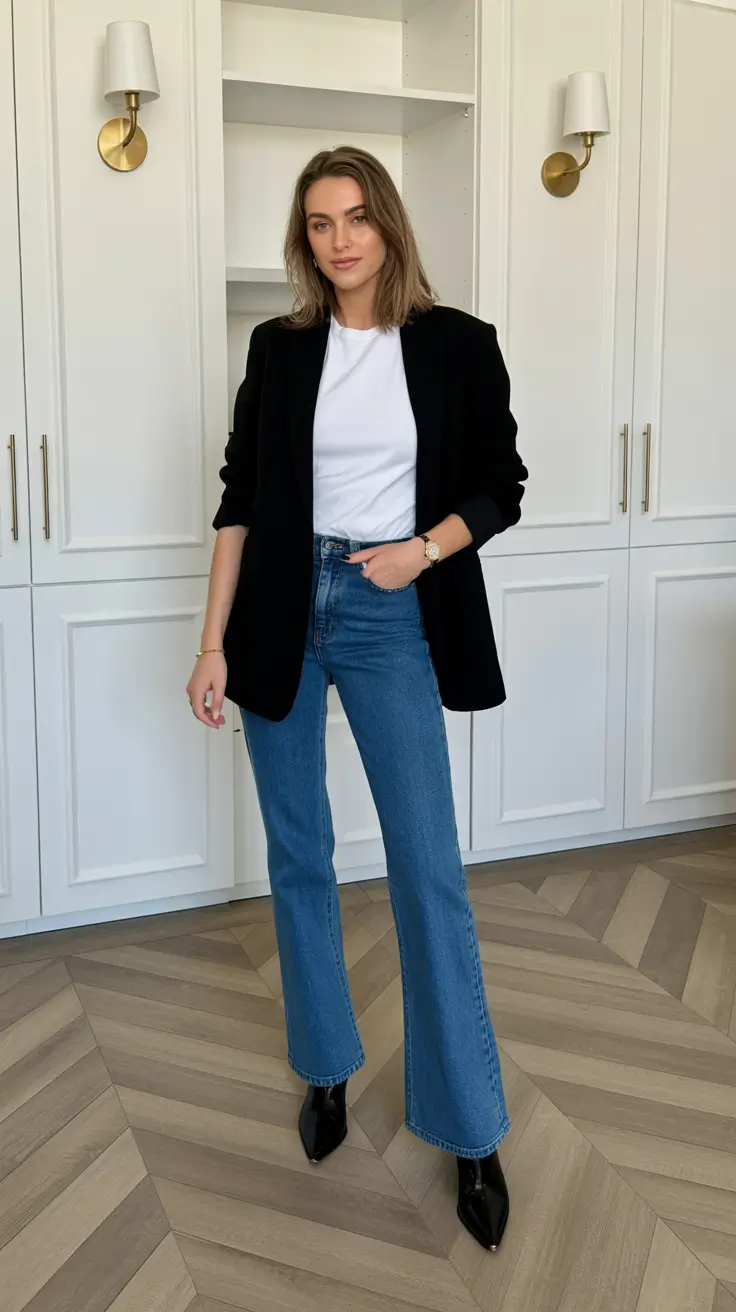 Modern Business Casual Outfits For Women 2026 - Sharp Black Blazer With Classic Blue Denim