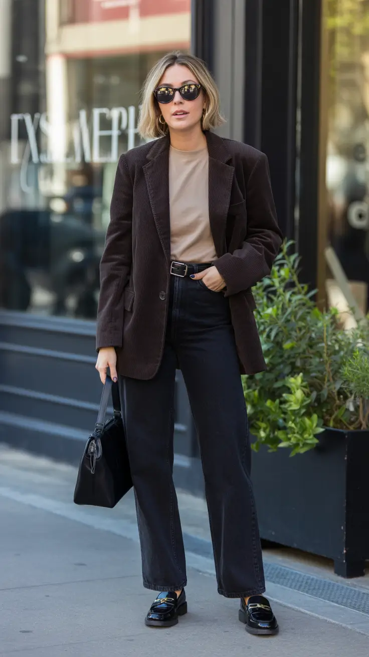 Modern Business Casual Outfits For Women 2026 - City Ready Corduroy Blazer And Dark Denim