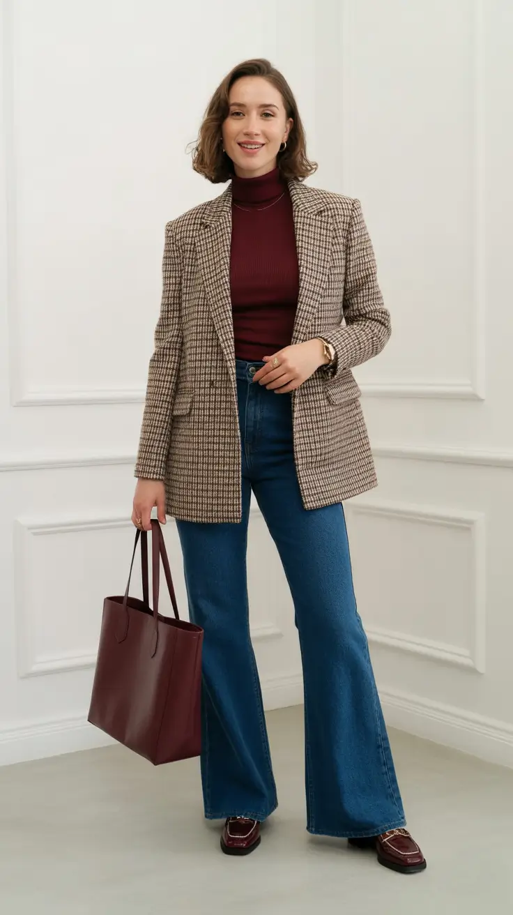 Modern business casual outfits for women 2026 - Wine Tones With Heritage Checks