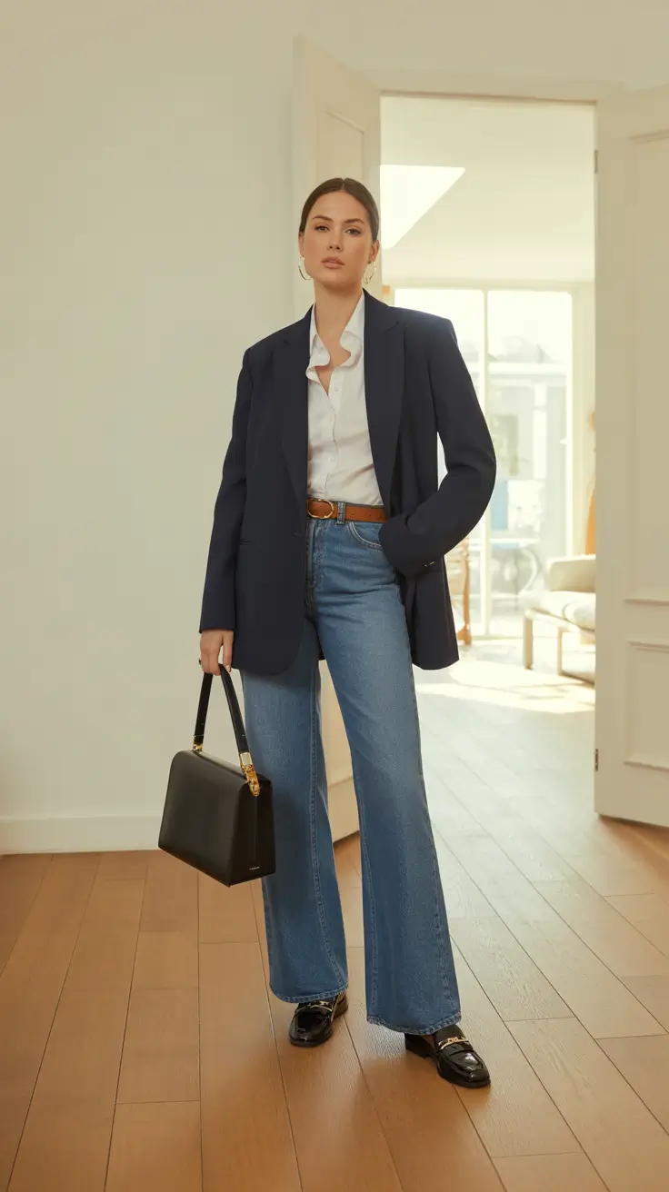 Modern business casual outfits for women 2026 - Soft Denim And Navy Blazer Uniform