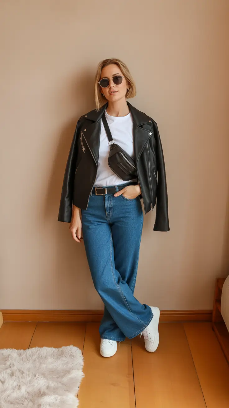 New Casual Outfits For Women 2026 - Leather Jacket And Wide Leg Denim For Off Duty Nights