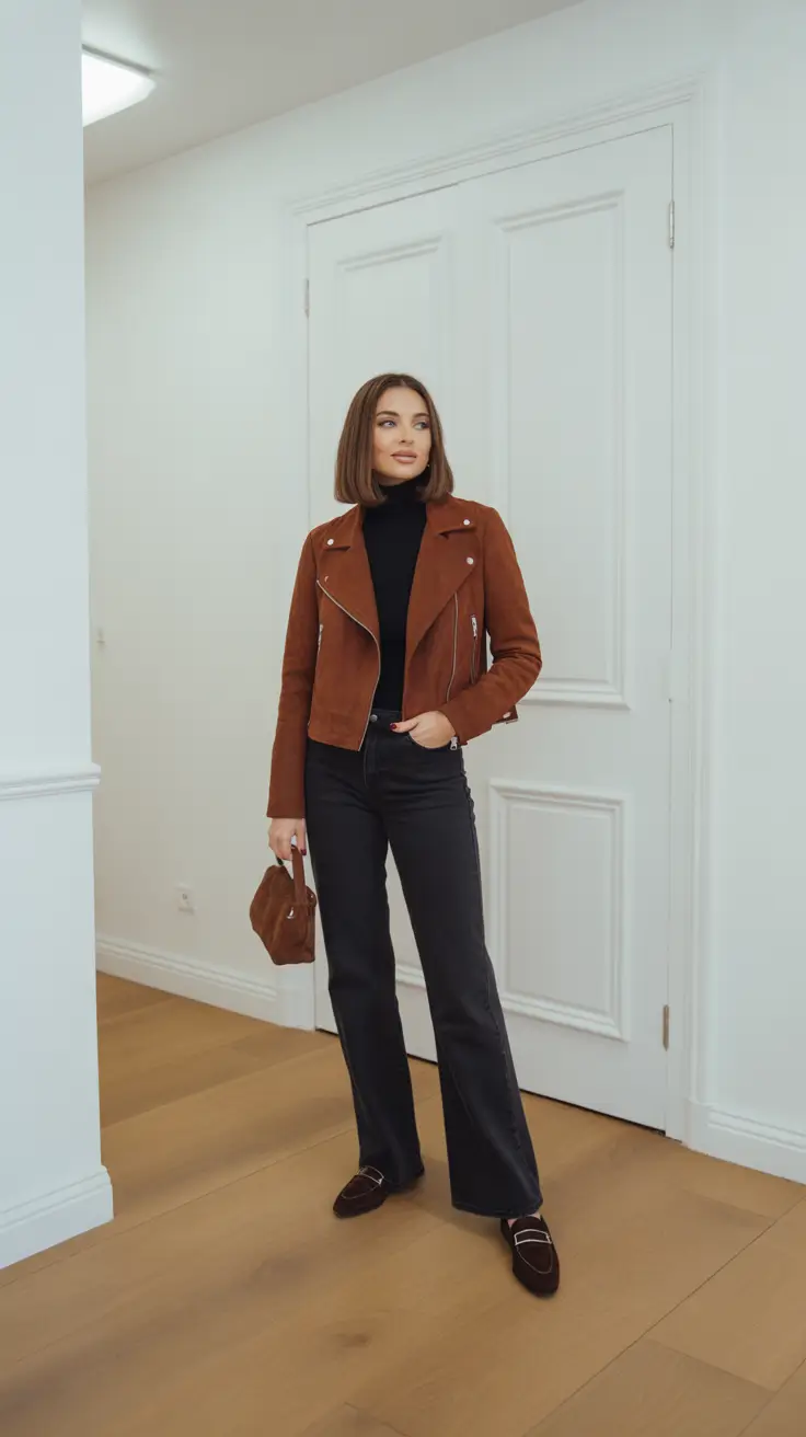 New casual outfits for women 2026 - Suede Jacket And Black Flares Outfit