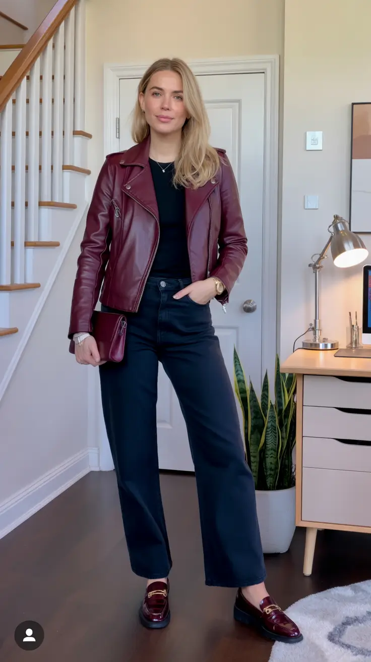 New Casual Outfits For Women 2026 - Burgundy Leather Layers For Polished Evenings