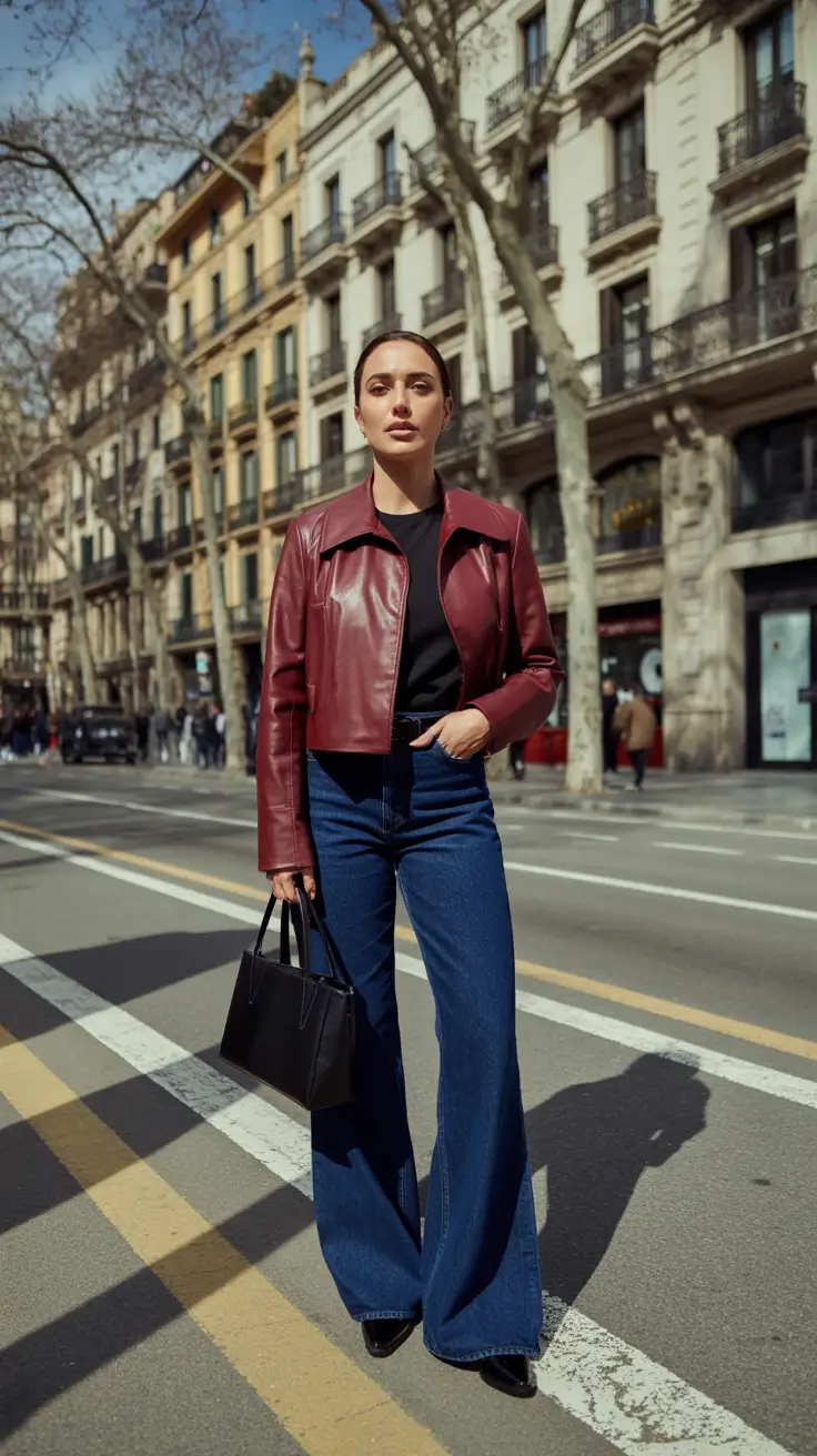 New Casual Outfits For Women 2026 - Wine Toned Moto And Wide Denim For Night Out