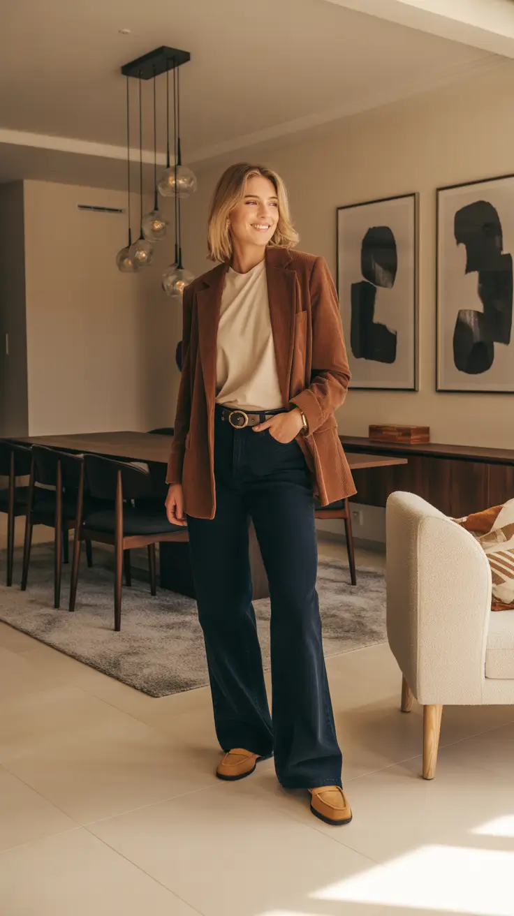 New Casual Outfits For Women 2026 - Warm Blazer And Dark Denim For Soft Workdays