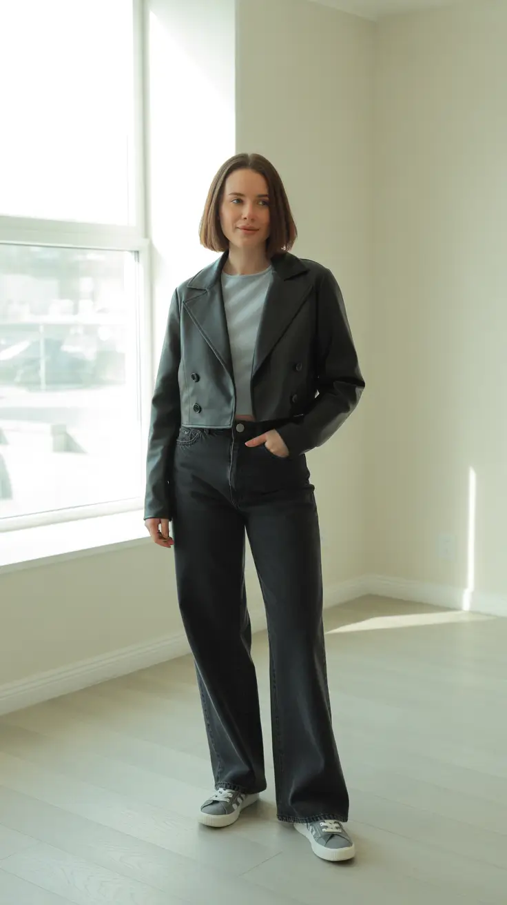 New casual outfits for women 2026 - Cropped Leather Jacket And Soft Grey Tee