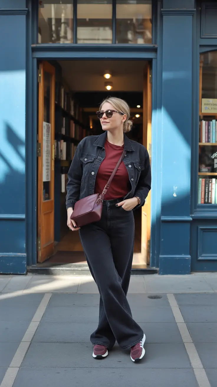 New casual outfits for women 2026 - Burgundy Bookshop Denim Look