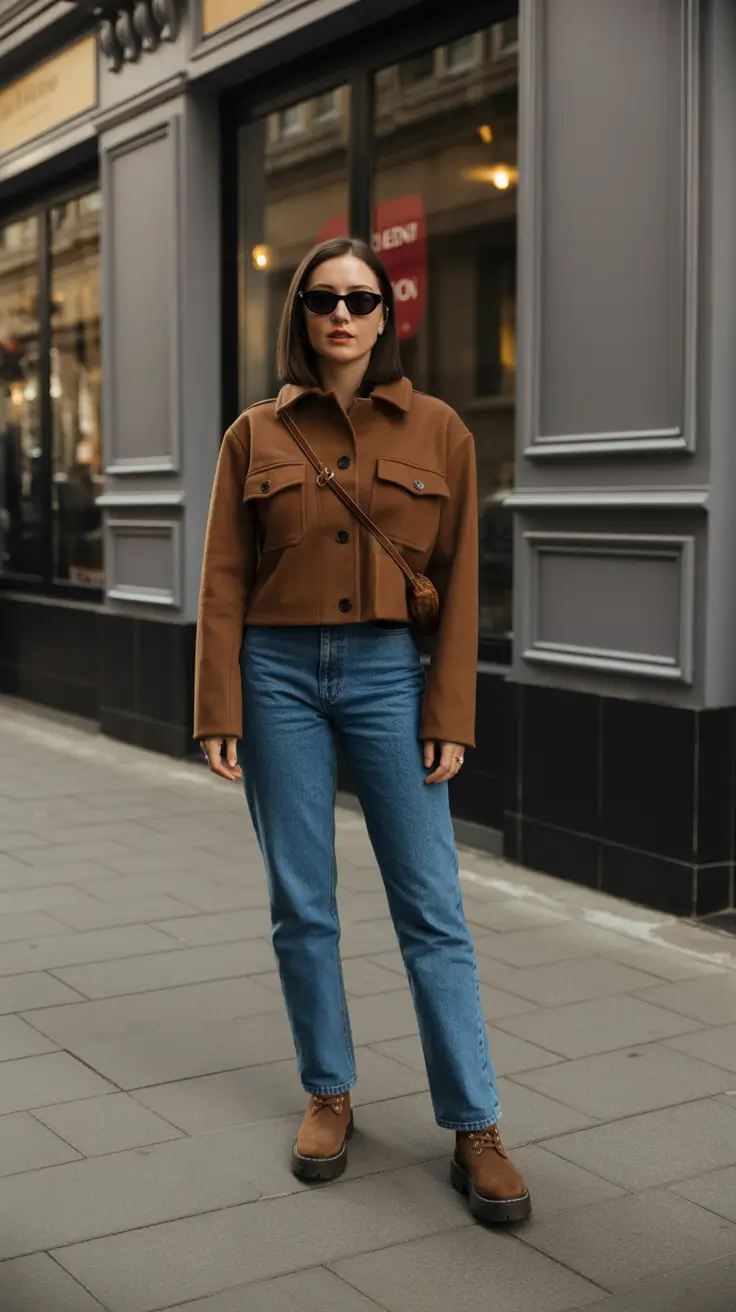 New casual outfits for women 2026 - Boxy Brown Jacket And Straight Blue Jeans