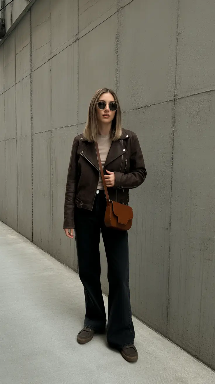 New casual outfits for women 2026 - Chocolate Moto Jacket And Wide Black Pants