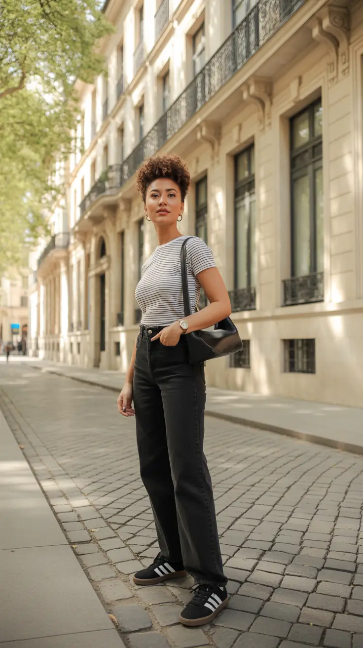 New Casual Outfits For Women 2026 - Striped Tee And Black Denim With Sporty Details