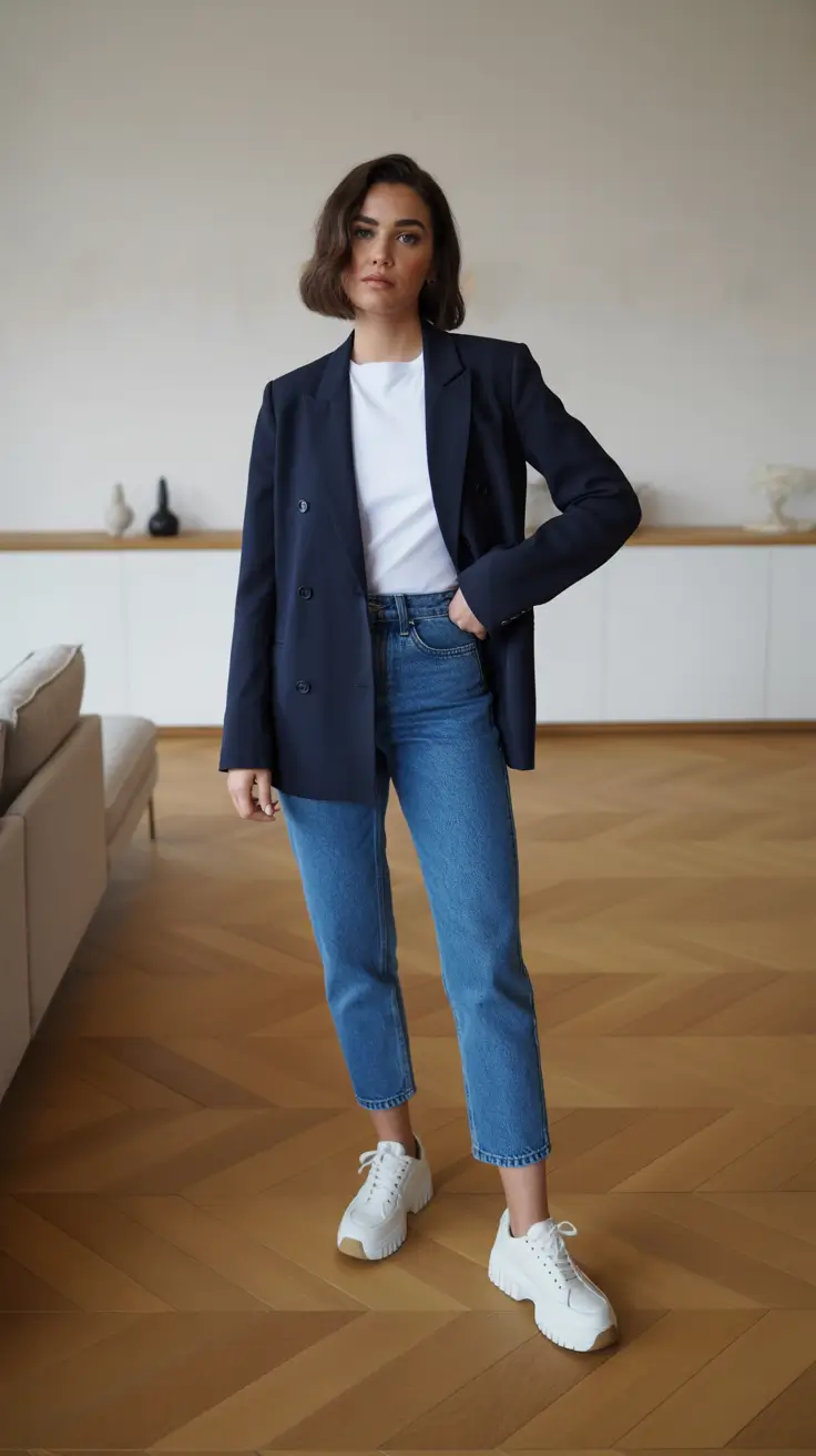 New Casual Outfits For Women 2026 - Navy Blazer And Crisp Denim For Modern Power Casual