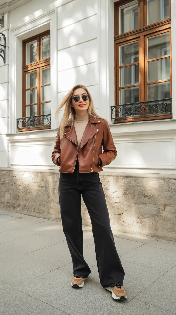New casual outfits for women 2026 - Brown Biker Jacket And Black Wide Jeans