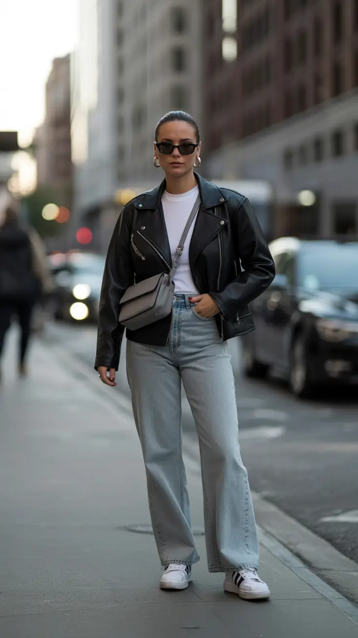 outfits ideas for women 2026 Weekend Leather Jacket And Baggy Denim
