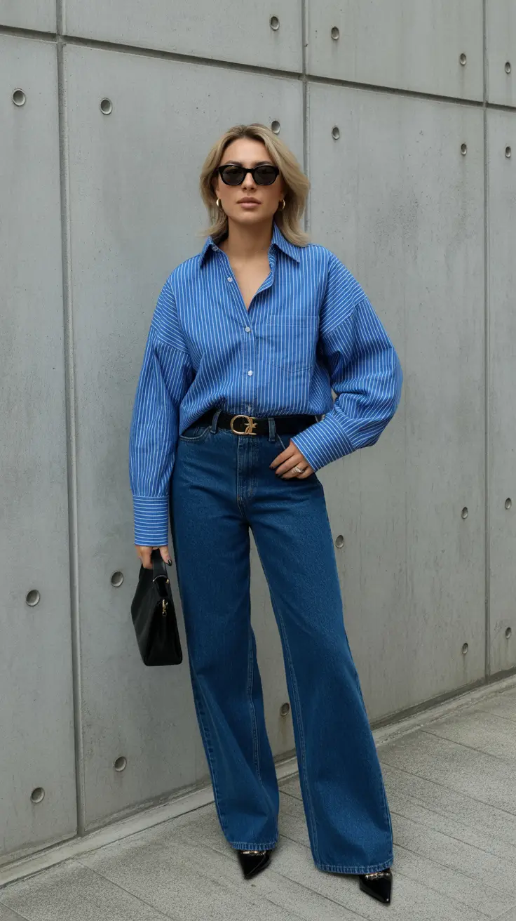 outfits ideas for women 2026 Bold Blue Shirt And Tailored Denim