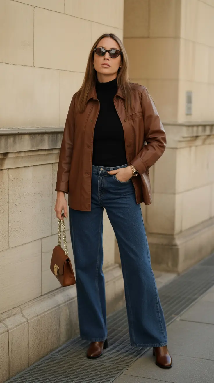 outfits ideas for women 2026 Leather Shirt Jacket And Dark Turtleneck