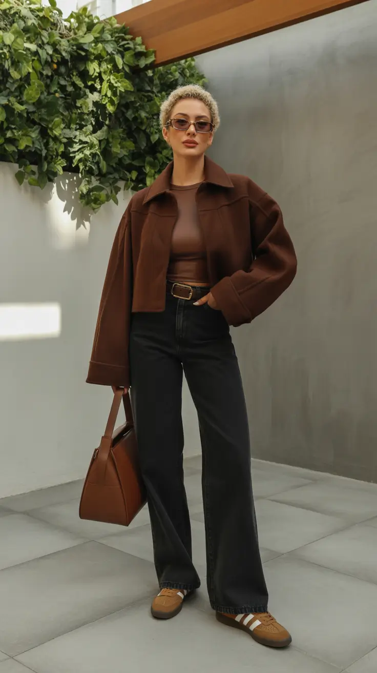 outfits ideas for women 2026 Sporty Chocolate Tones With Wide Denim