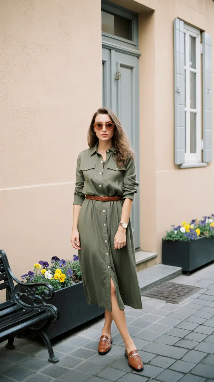 outfits ideas for women 2026 Relaxed Khaki Shirt Dress For Warm Days