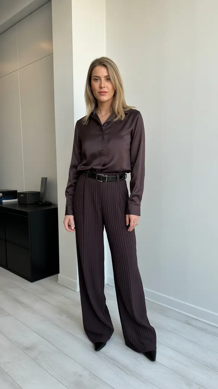 Stylish office outfits for work 2026 - Chocolate Satin And Pleats For Quiet Power Days