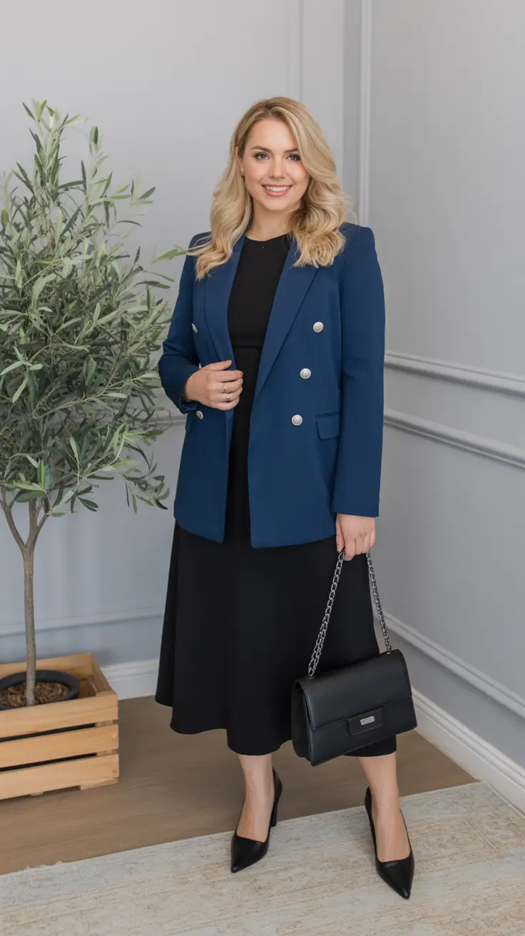 Stylish office outfits for work 2026 - Navy Blazer Over A Black Midi For Instant Chic