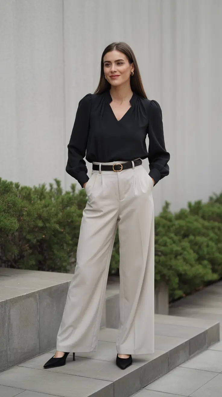 Stylish office outfits for work 2026 - Black Blouse And Cream Trousers For Summer-Ready Ease