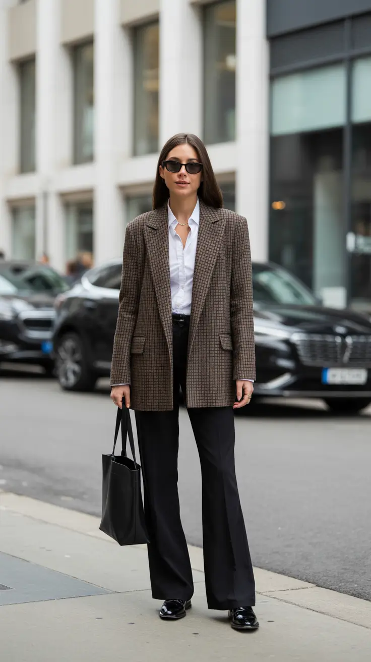Stylish office outfits for work 2026 - City Plaid Blazer With Wide Leg Trousers Street Smart