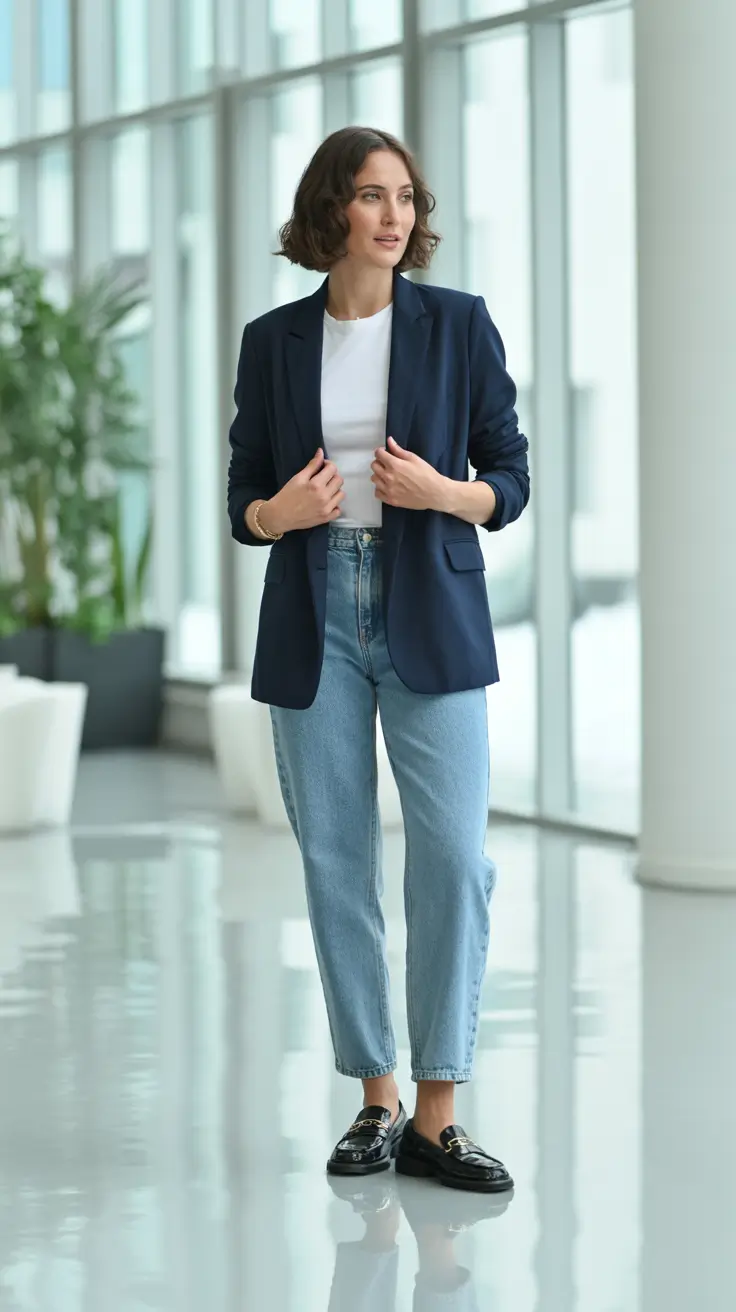 Stylish office outfits for work 2026 - Navy Blazer And Denim That Still Means Business