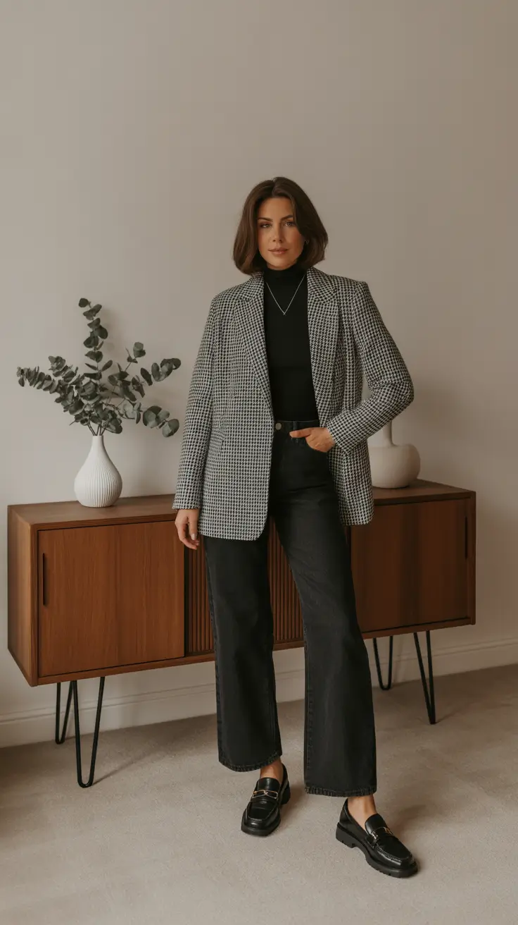 Stylish office outfits for work 2026 - Houndstooth Blazer And Dark Denim Minimalist Cool