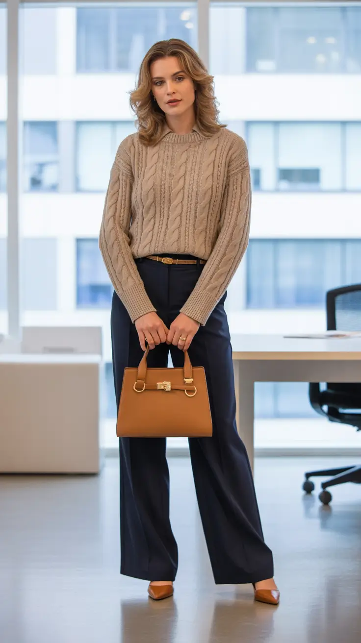 Stylish office outfits for work 2026 - Navy Trousers And Cable Knit For Cozy Corporate Chic