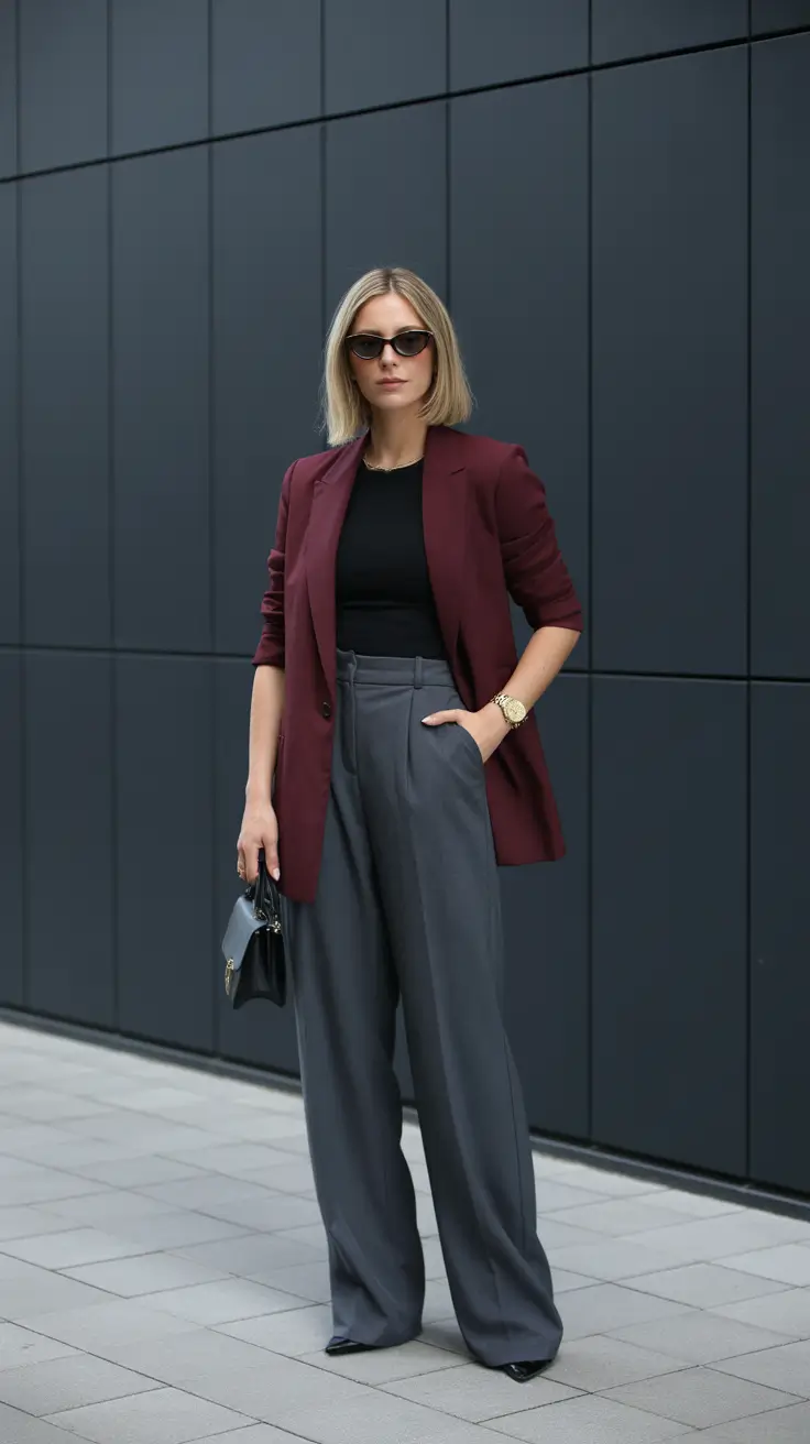 Stylish office outfits for work 2026 - Burgundy Blazer And Slate Trousers Power Move