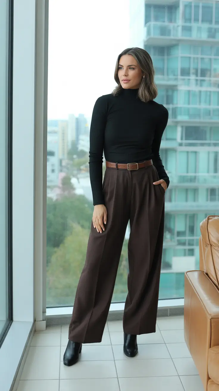 Stylish office outfits for work 2026 - Black Turtleneck And Cocoa Trousers Quiet Luxury