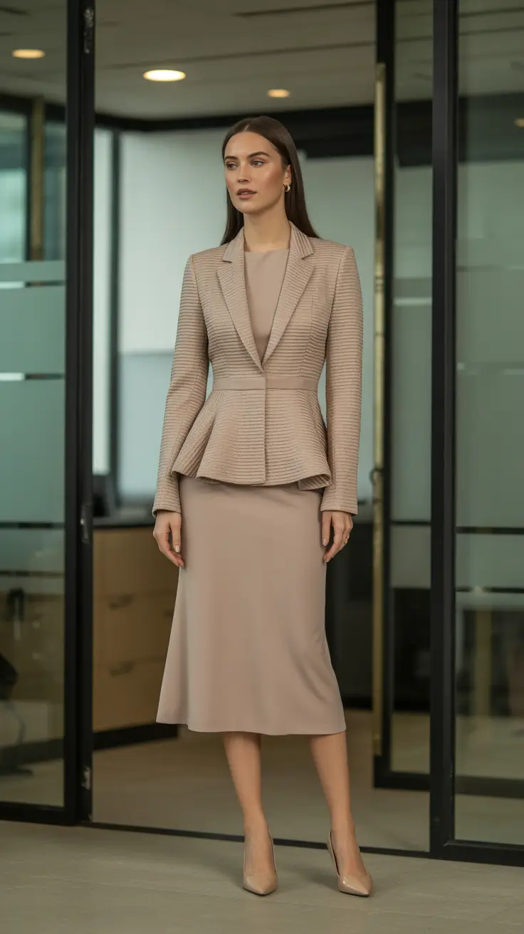 Stylish office outfits for work 2026 - Soft Neutral Suiting With A Feminine Peplum Twist