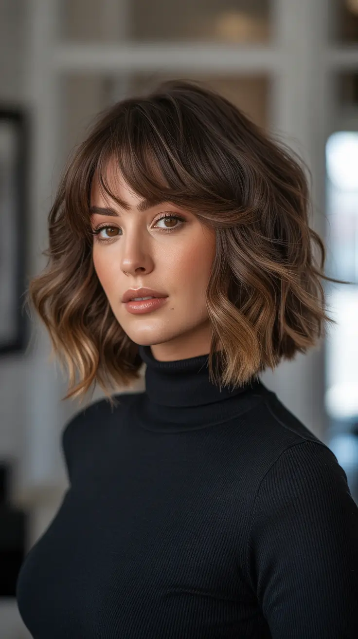 Trendy Lob Haircuts 2026 Soft Wavy Lob With Airy Fringe And Warm Brunette Dimension