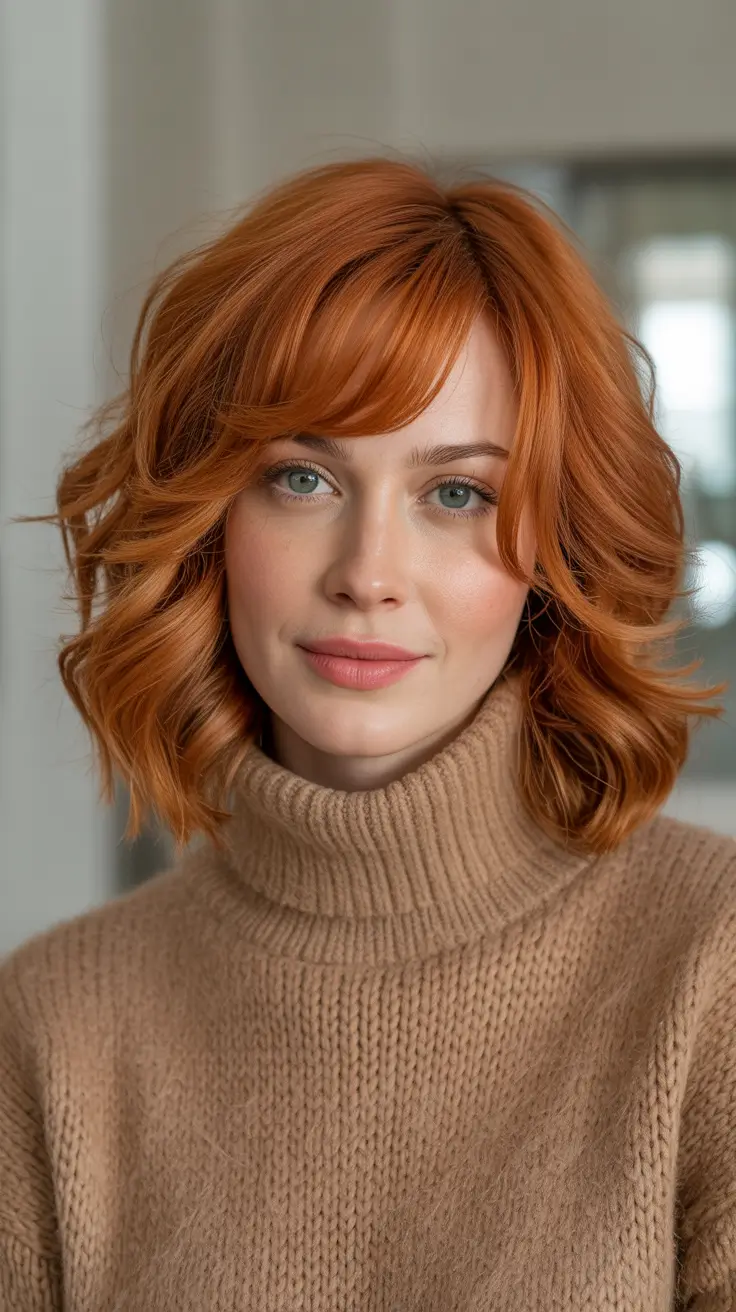 Trendy Lob Haircuts 2026 Copper Shaggy Lob With Soft Side Bangs And Bouncy Texture