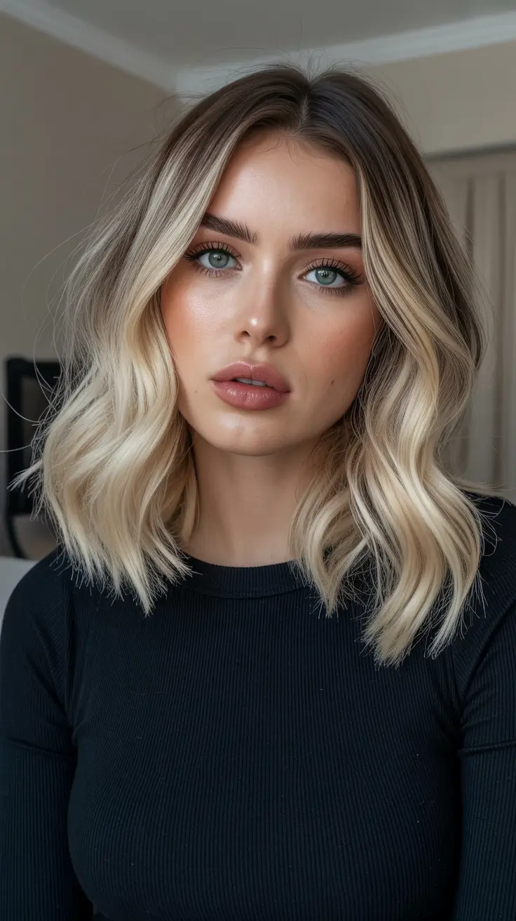 Trendy Lob Haircuts 2026 Cool Blonde Wavy Lob With Shadow Roots And Soft Dimension