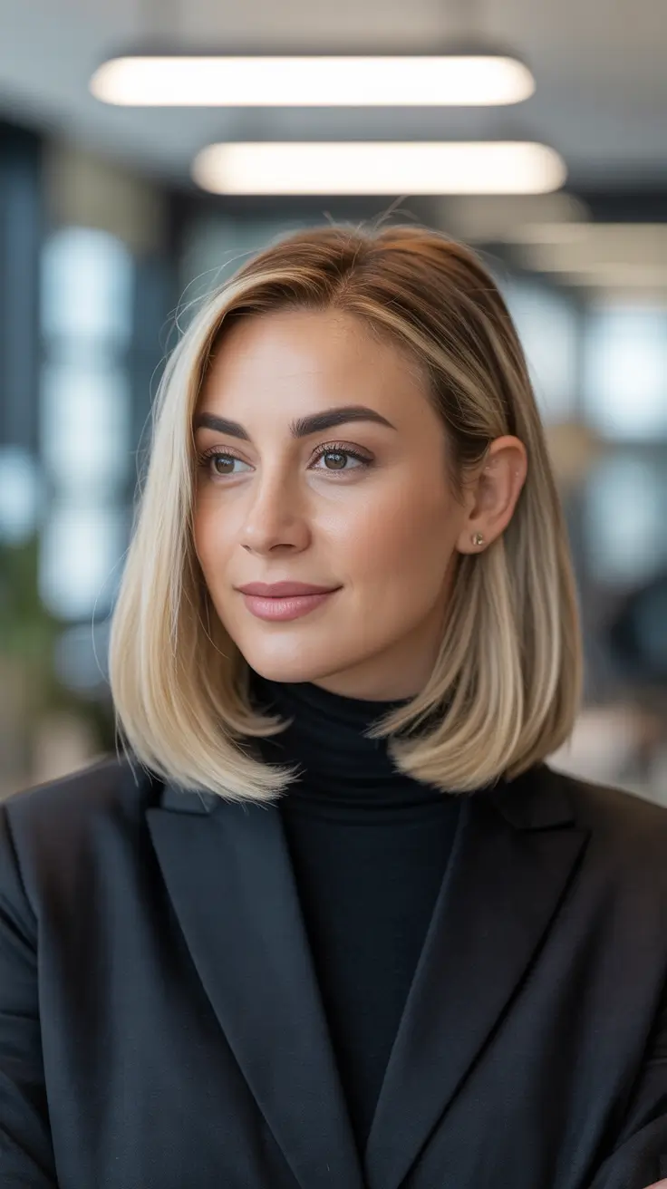 Trendy Lob Haircuts 2026 Sleek Angled Lob With Deep Side Part And Tucked-Behind-The-Ear Chic