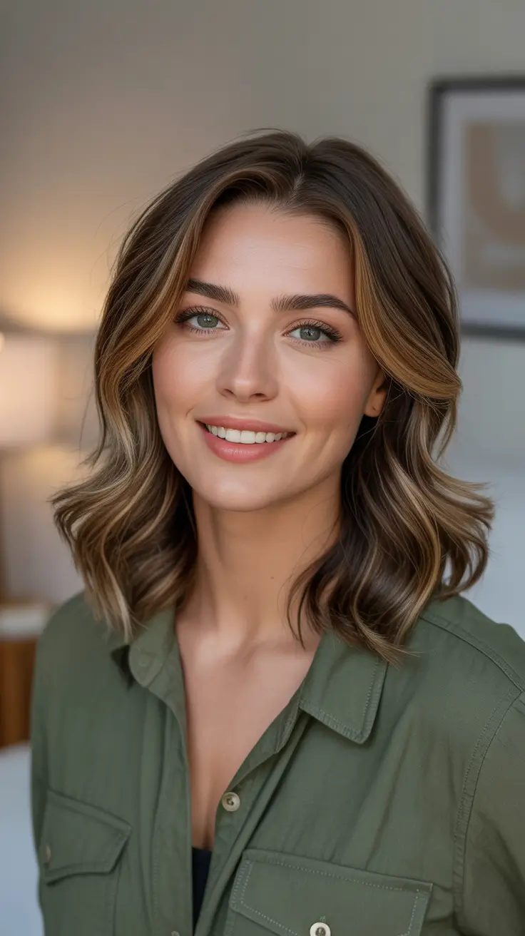 Trendy Lob Haircuts 2026 Soft Brunette Lob With Loose Waves And Melted Caramel Ribbons