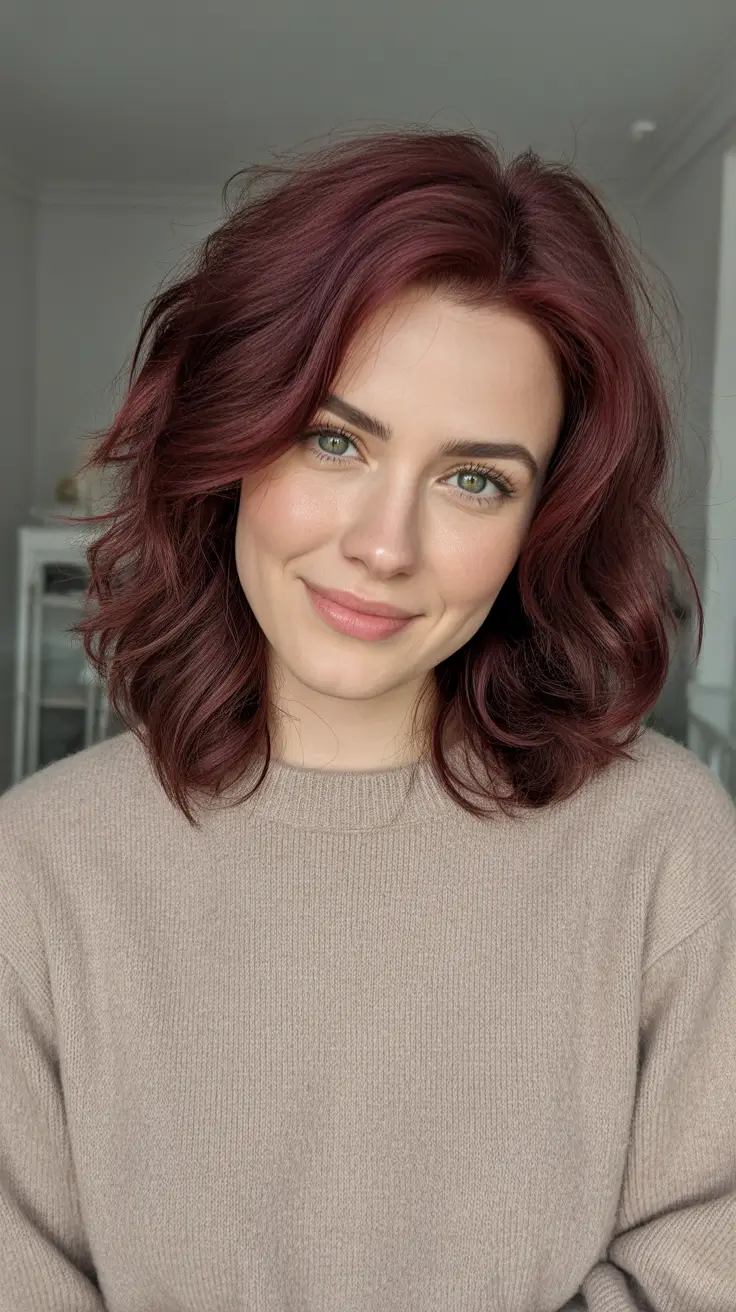 Trendy lob haircuts 2026 Velvet Burgundy Wavy Lob With Soft Volume