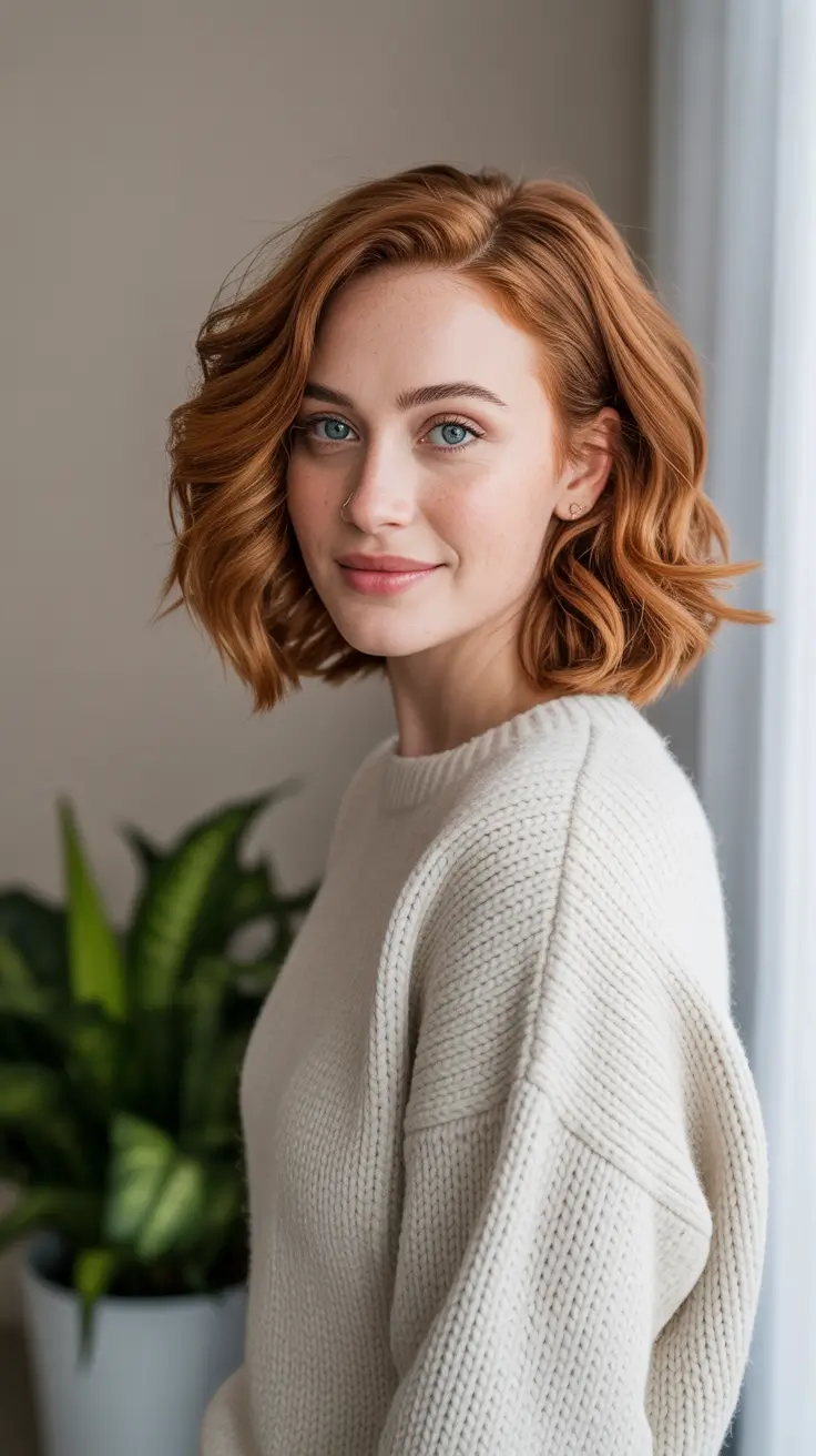 Trendy lob haircuts 2026 Copper Wavy Lob With Side-Swept Shape