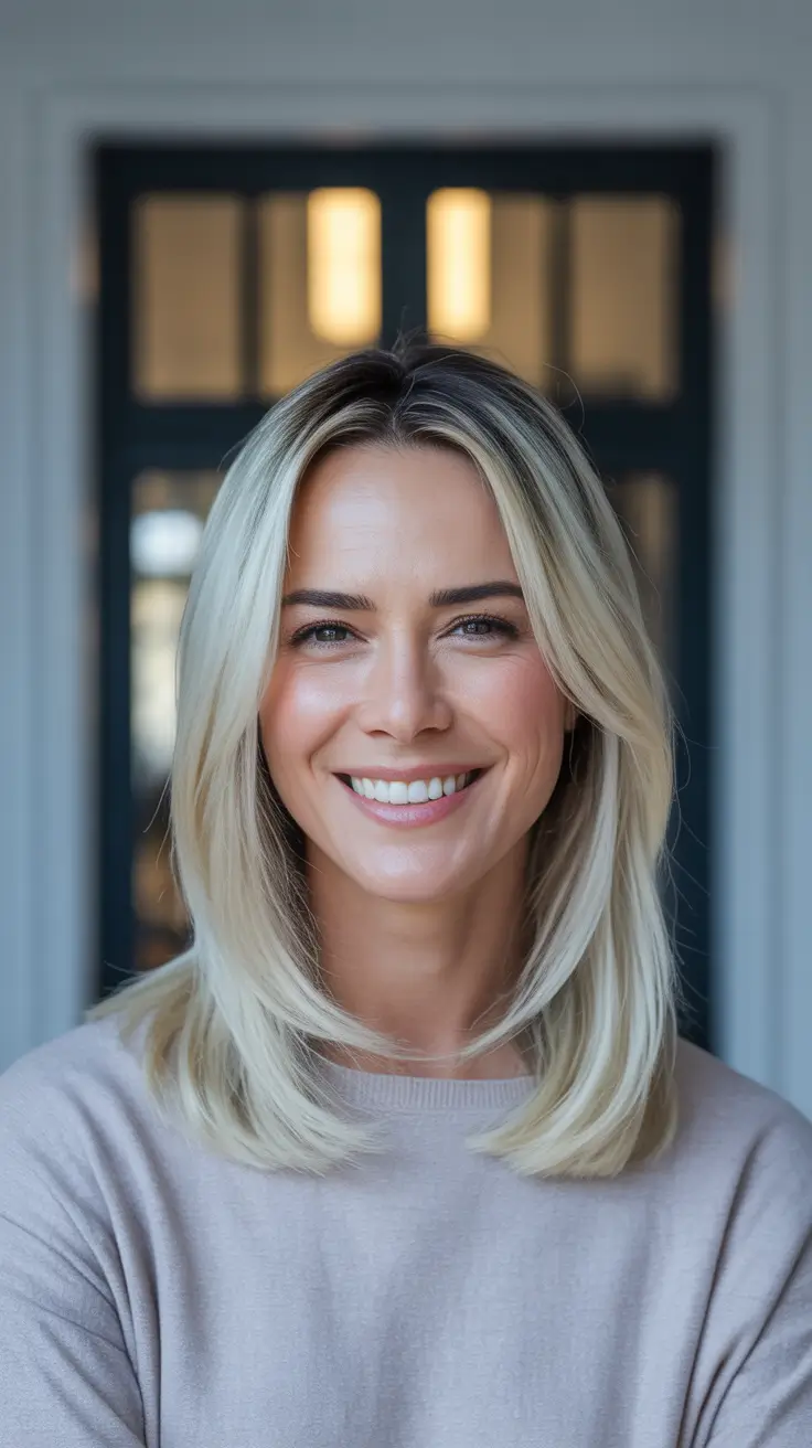 Trendy Lob Haircuts 2026 Sleek Center-Part Lob In Bright Blonde For A Clean 2026 Reset