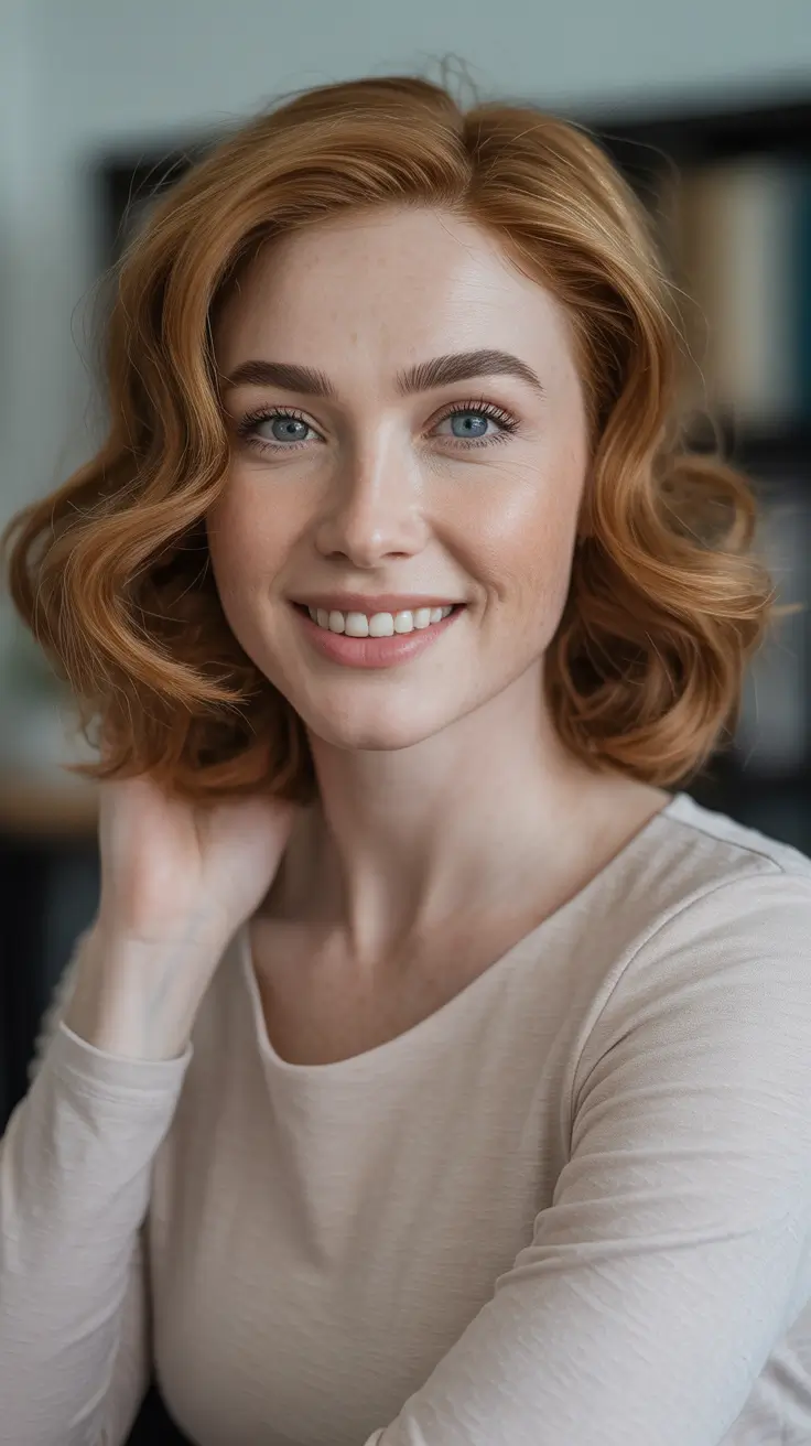 Trendy lob haircuts 2026 Old-Hollywood Copper Lob With Sculpted Waves