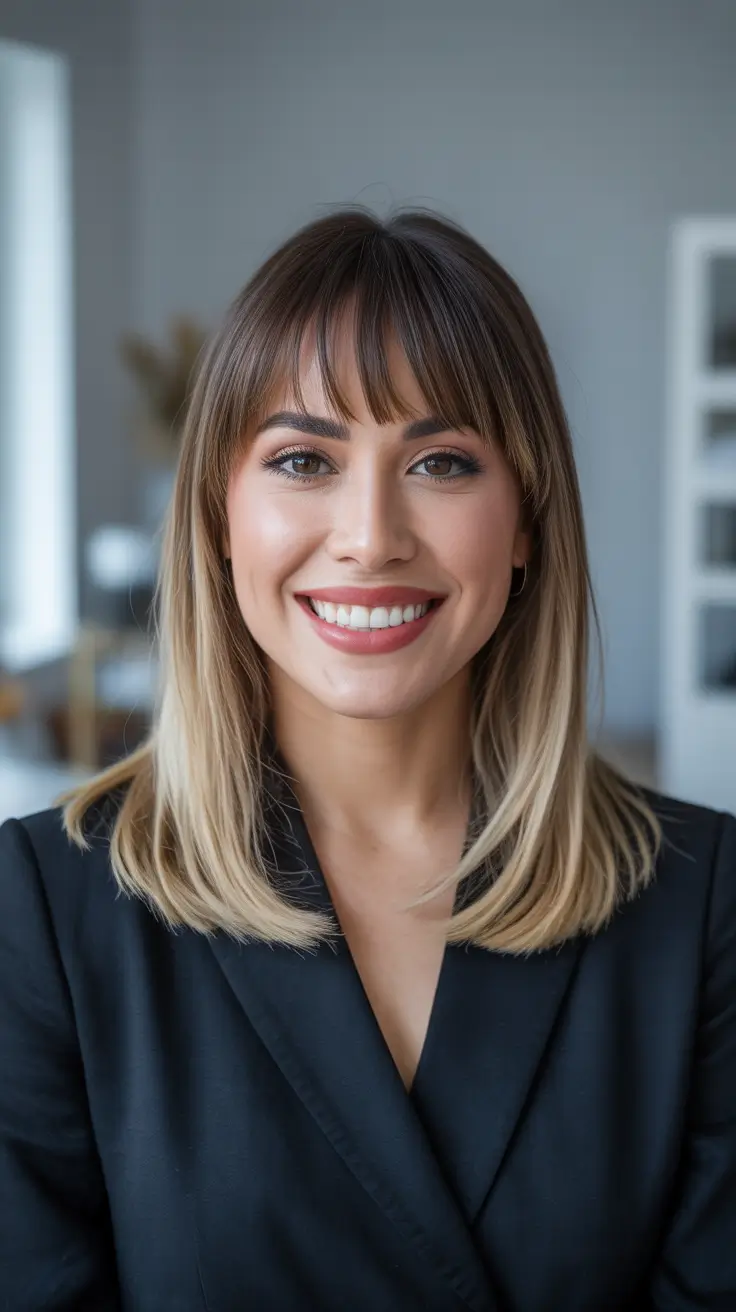 Trendy Lob Haircuts 2026 Blunt Straight Lob With Brow-Grazing Bangs And Cool Blonde Ends