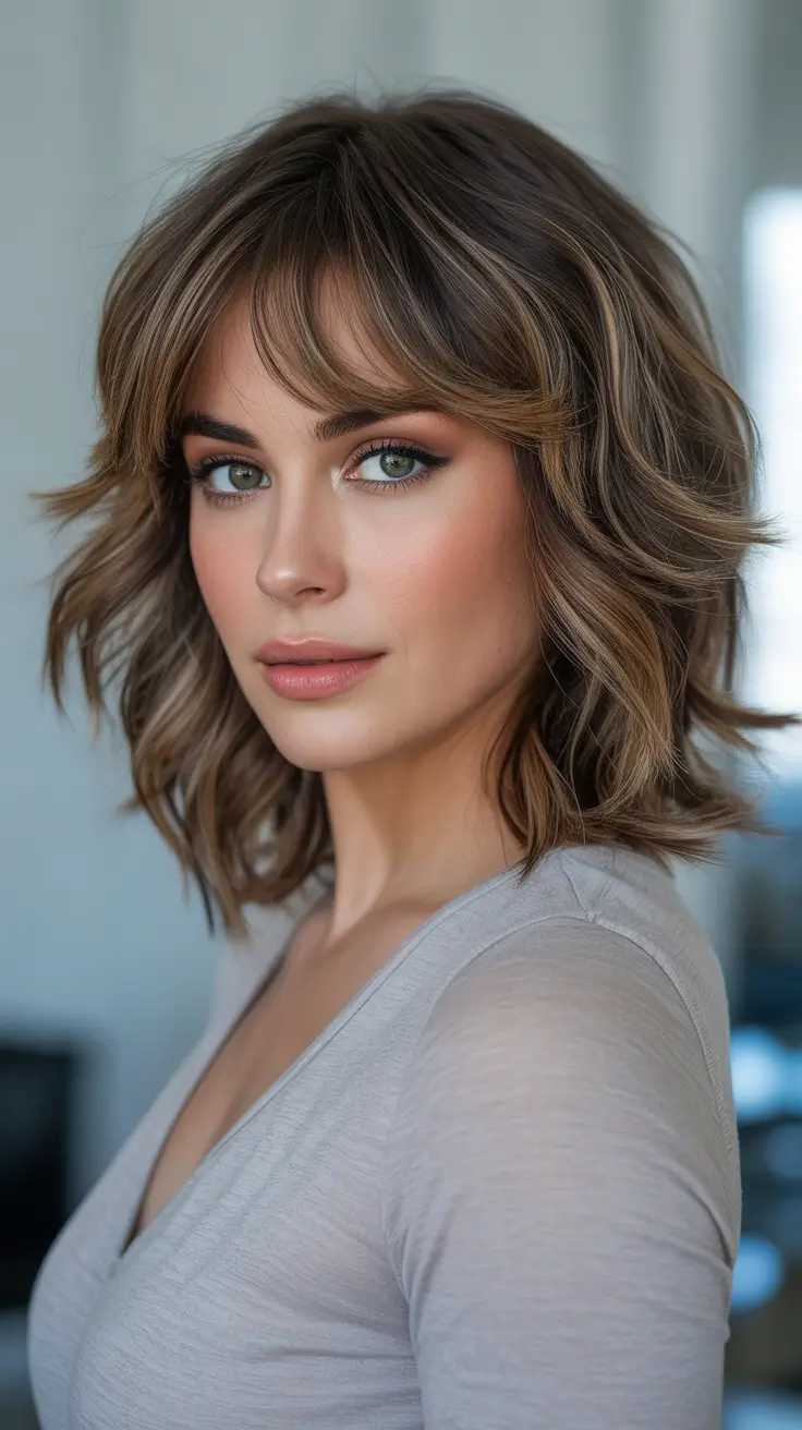 Trendy lob haircuts 2026 Shaggy Wavy Lob With Curtain Fringe Energy