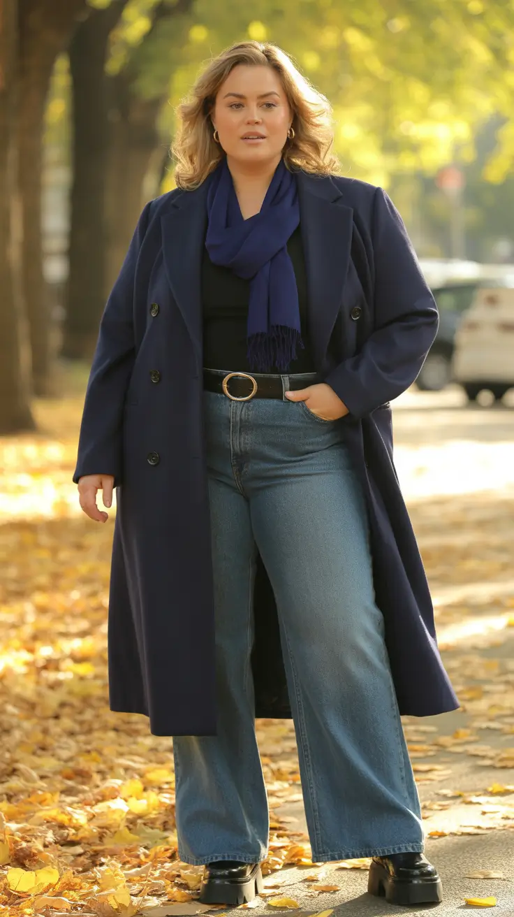 Trendy plus-size outfits for women 2026 Navy Coat And Denim For September Power Walk Energy