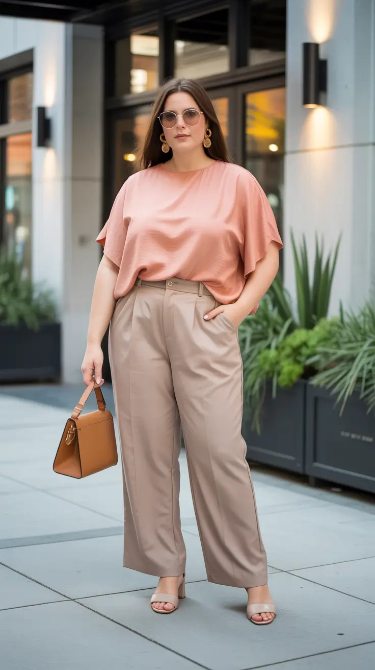Trendy plus-size outfits for women 2026 - Blush Satin Top And Tailored Trousers For Modern Office Polish