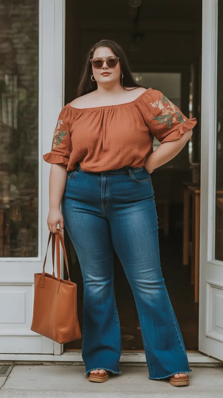 Trendy plus-size outfits for women 2026 - Off The Shoulder Boho With A Denim Kick