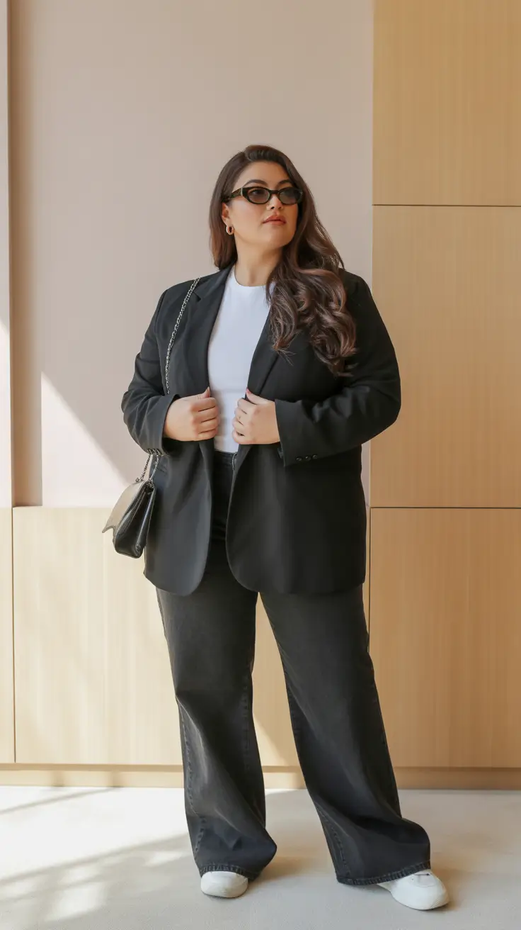 Trendy plus-size outfits for women 2026 - Sharp Black Suiting With An Easy Cool Twist