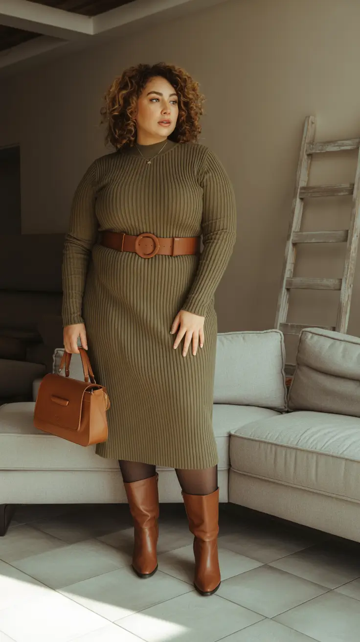 Trendy plus-size outfits for women 2026 - Ribbed Midi Dress With A Statement Belt For Fall Structure