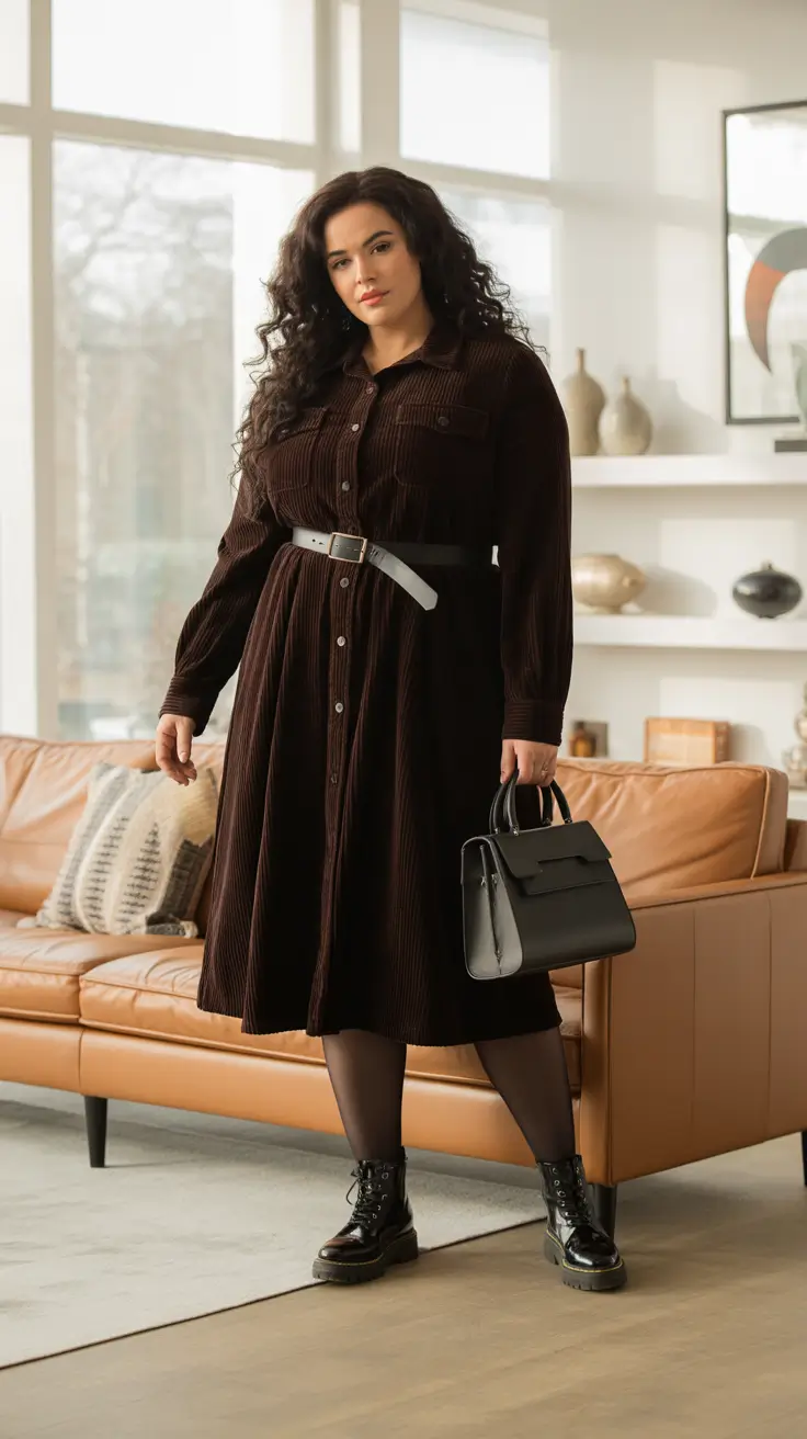 Trendy plus-size outfits for women 2026 - Dark Shirt Dress And Combat Boots For City Cool Days